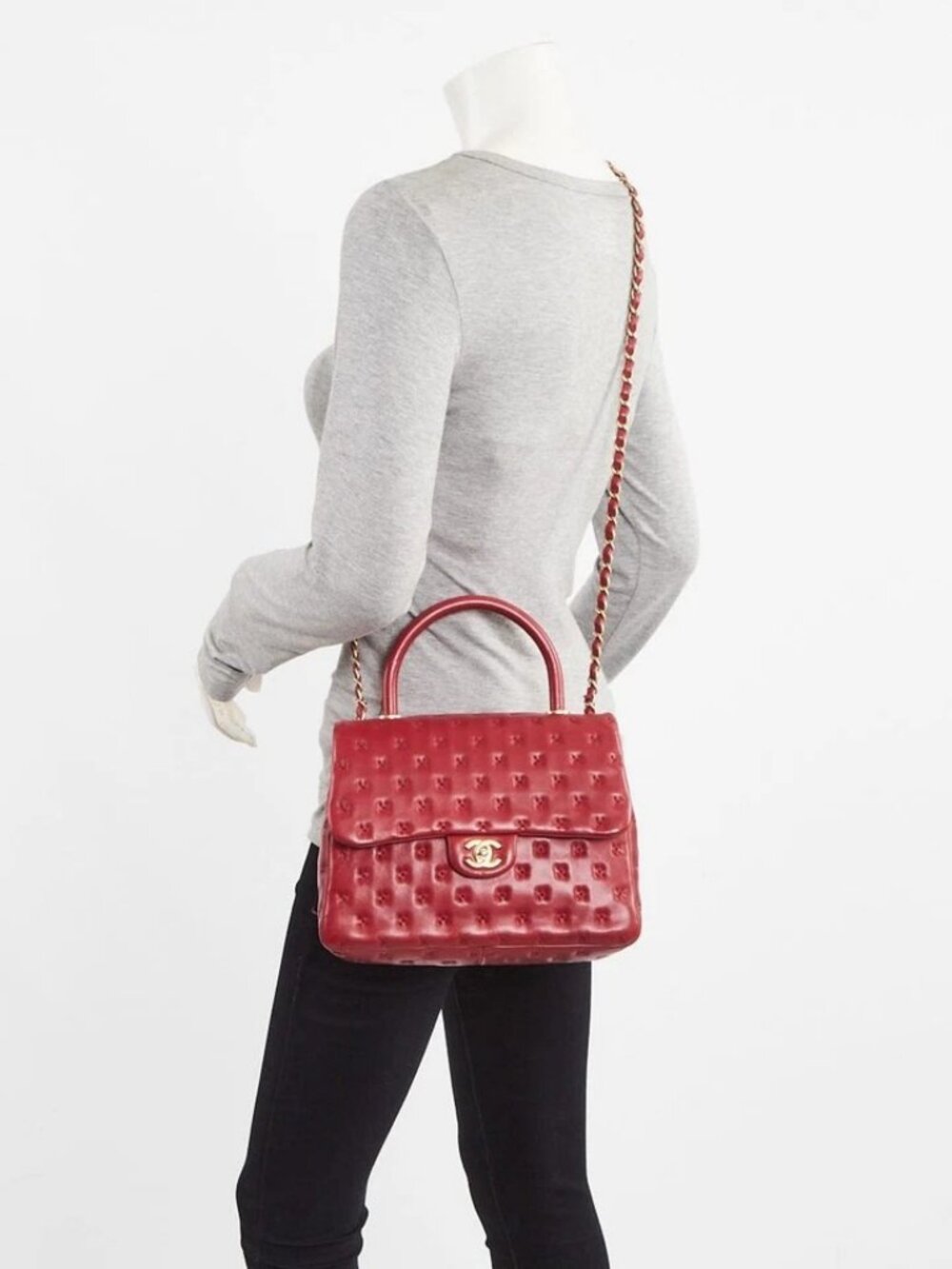 Chanel Red Quilted Cross Stitch Leather Small Coco Handle Bag